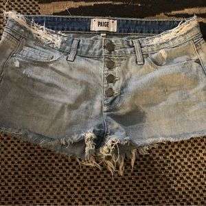 Paige women jeans shorts size 29 light blue distressed.